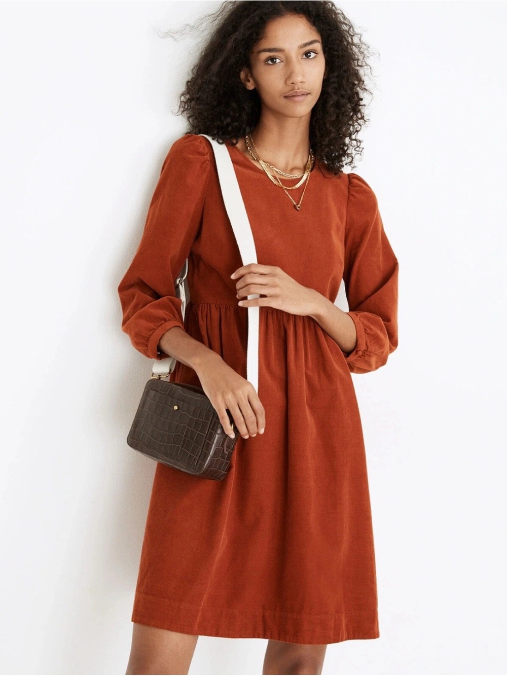 Madewell Rust Orange Flowy Corduroy Puff-Sleeve Mini Dress, Size Medium